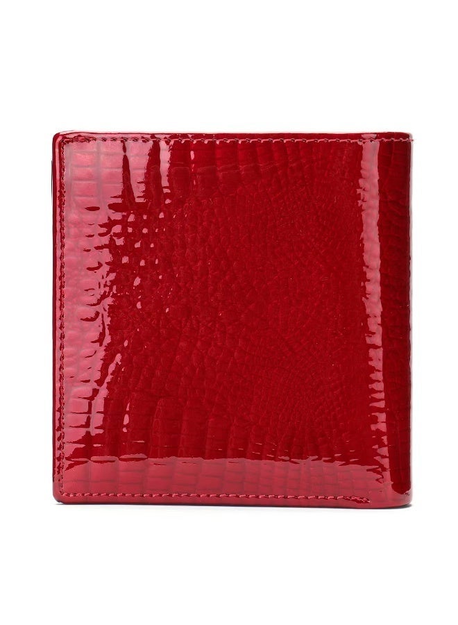 Yoze Red Patent Leather Croco-Embossed Cowhide Wallet for Women，red patent leather wallet，croco embossed wallet，genuine cowhide wallet，vintage retro wallet，women's short wallet，patent red croco wallet， - Image 2